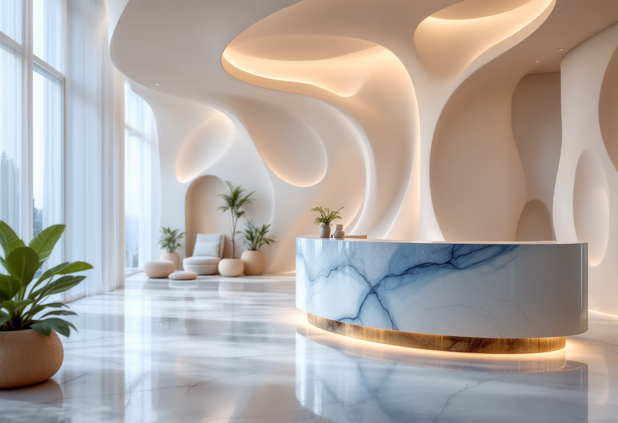 welcoming front desk area (for a wellness center)